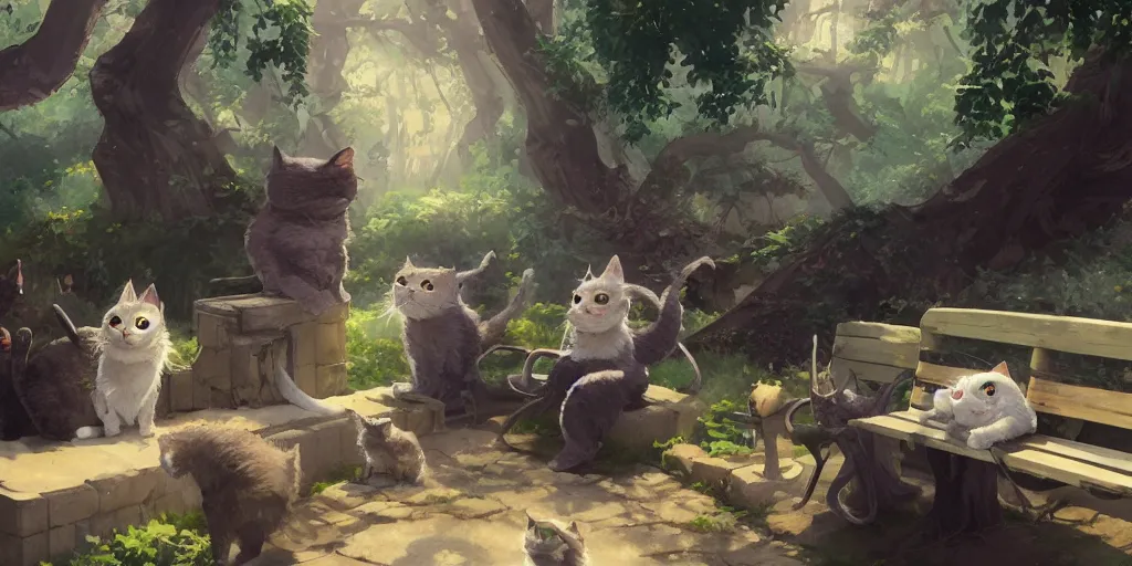 Image similar to several cats sitting on a bench, close up shot, anime art, Greg Rutkowski, studio ghibli, dramatic lighting