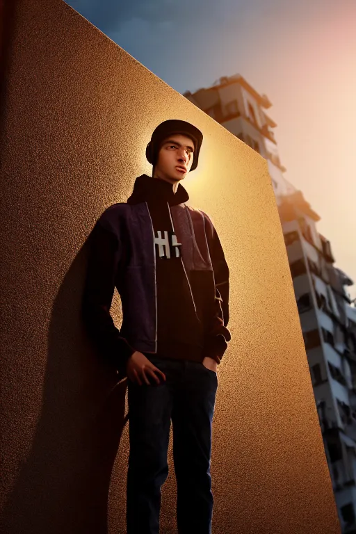 Image similar to un ultra high definition studio quality high fashion photographic portrait of a young man standing on the rooftop of an apartment building wearing all eclectic soft clothes and a reflective face shield. three point light. extremely detailed. golden hour, golden ratio, ray tracing, volumetric light, shallow depth of field. set dressed.