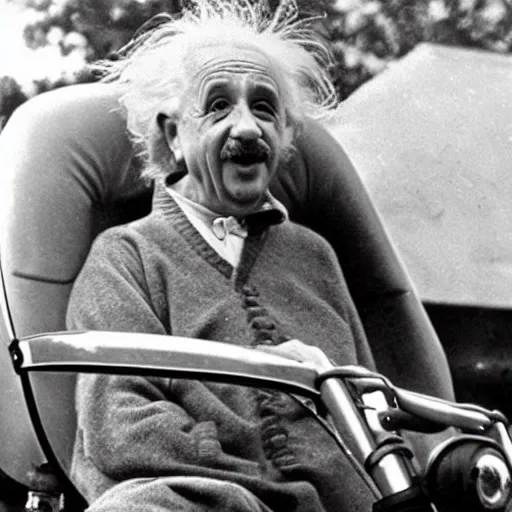 Prompt: Albert Einstein rides an electric scooter with his tongue out