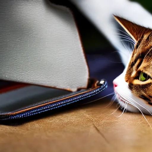 Image similar to stock footage, cat stealing a wallet