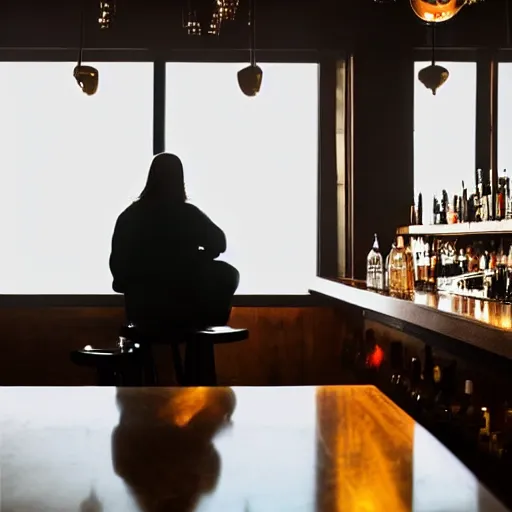 Image similar to a still of jesus sitting down on a stool at the bar, last call. it's dark and smoky. god rays through fog.