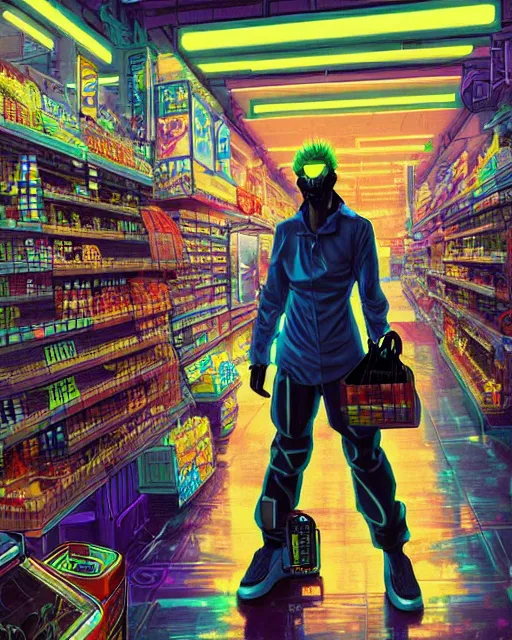 Image similar to cyberpunk man shopping at a neon soaked grocery store, science fiction painting, elegant intricate digital painting artstation, art by masamune shirow, detailed