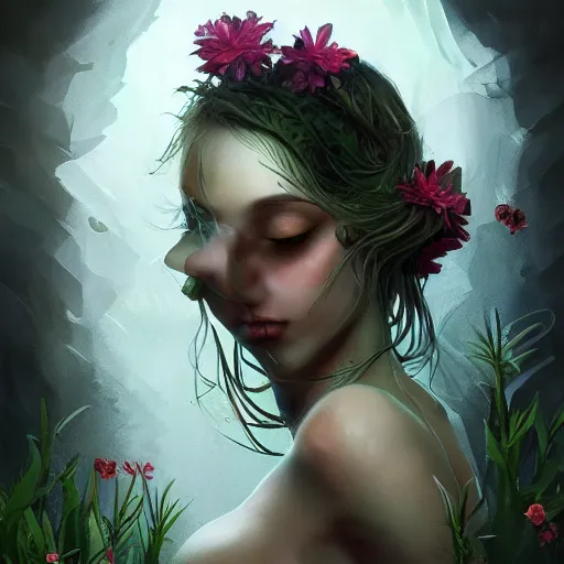 Image similar to Portrait of a dark fantasy nymph, flowers and plants surrounding, stunning, concept art, artstation, dramatic lighting, minimalism