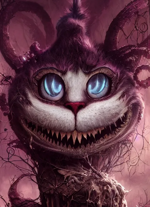 Image similar to Cheshire Cat,highly detailed,cinematic,8k,by Stanley Artgermm,Tom Bagshaw,Greg Rutkowski,Carne Griffiths, Ayami Kojima, Beksinski, Giger,Anne Stokes, Benjamin Lacombe,trending on DeviantArt,hyper detailed,horror, full of colour