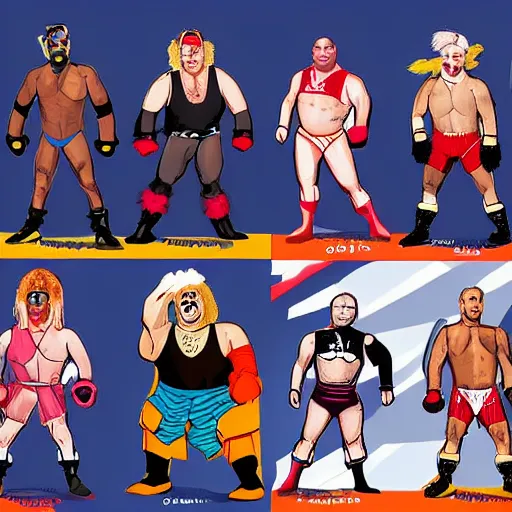 Image similar to All of the world leaders as wrestlers with silly outfits, jumping into the wrestling ring to fight, intricate, highly detailed, concept art, smooth, sharp focus