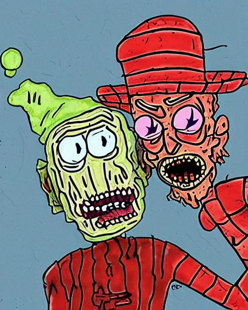 Image similar to freddy krueger in the style of rick and morty by justin roiland