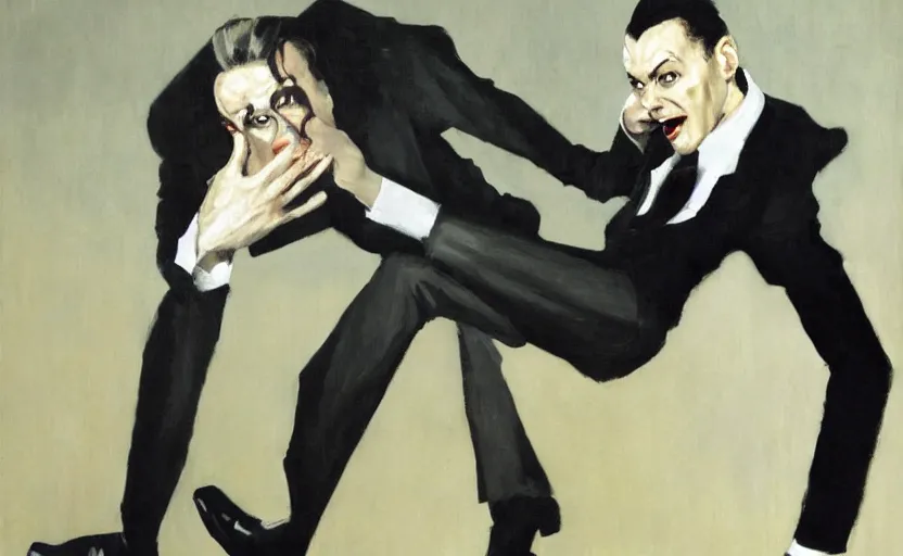 Image similar to a thin man wearing a suit screams and jumps over a telephone in a dark, 1980s living room, painted by phil hale, highly detailed