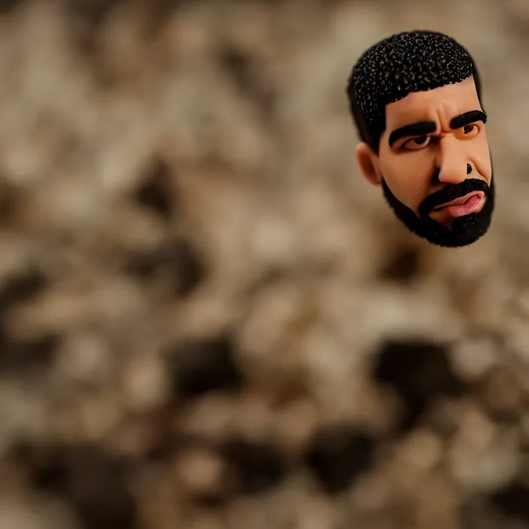 Image similar to a cinematic film still of a claymation stop motion film starring drake, shallow depth of field, 8 0 mm, f 1. 8