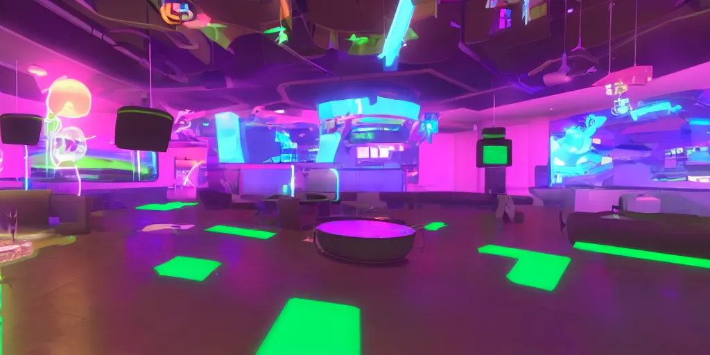 Prompt: VRChat world lobby with neon lighting.