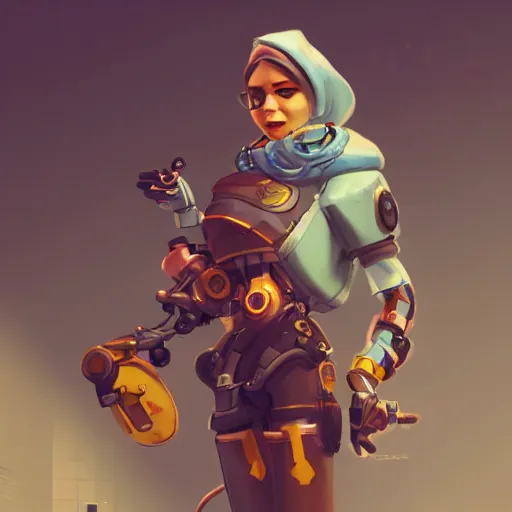 Image similar to a magic robotic steampunk mechanic wearing a hood and a scarf. overwatch character, concept art, character design, artstation trending, by rossdraws, wlop, greg rutkowski, greg manchess