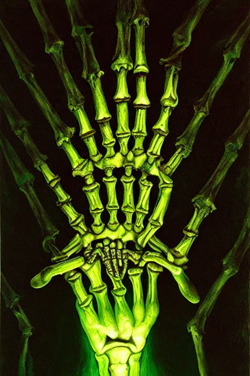 Prompt: a skeleton holding one hand aloft, glowing green candles, obelisks and black pyramids, obsidian ground, oil painting, high detail, dark lighting, atmospheric, extremely detailed, intricate, da vinci, michelangelo, caravaggio, hans holbein, raphael, donatello, 8 k