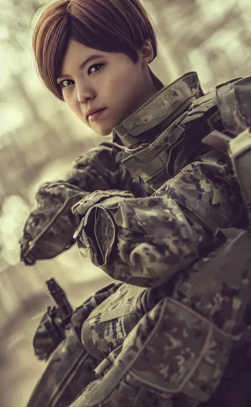 Image similar to portrait photo, highly detailed, high resolution, cosplay photo, stunning, ドールズフロントライン style, bokeh soft, shot on 70mm, zenithal lightning, trending on instagram, by award winning photographer, realistic human anatomy, real human faces, realistic military carrier, soldier clothing, modern warfare, empty hands, shot with a professional camera, low saturation, soldier clothing