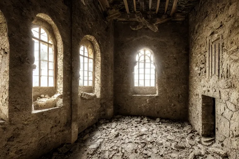 Prompt: an abandoned medieval room in an old stone building, dusty, cobwebs, wooden furniture, a small window with dark gloom coming through, high definition, matte painting, dust particles