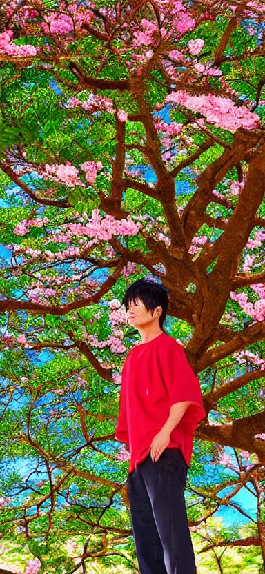 Image similar to “ a portrait of luffy at a sakura tree, side shot, by shunji dodo, 8 k resolution, photo, high quality ”