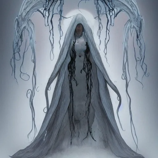 Image similar to concept designs for an ethereal ghostly wraith like figure with a squid like parasite latched onto its head and long tentacle arms that flow lazily but gracefully at its sides like a cloak while it floats around a frozen rocky tundra in the snow searching for lost souls and that hides amongst the shadows in the trees, this character has hydrokinesis and electrokinesis for the resident evil village video game franchise with inspiration from the franchise Bloodborne and the mind flayer from stranger things on netflix in the style of a marvel comic