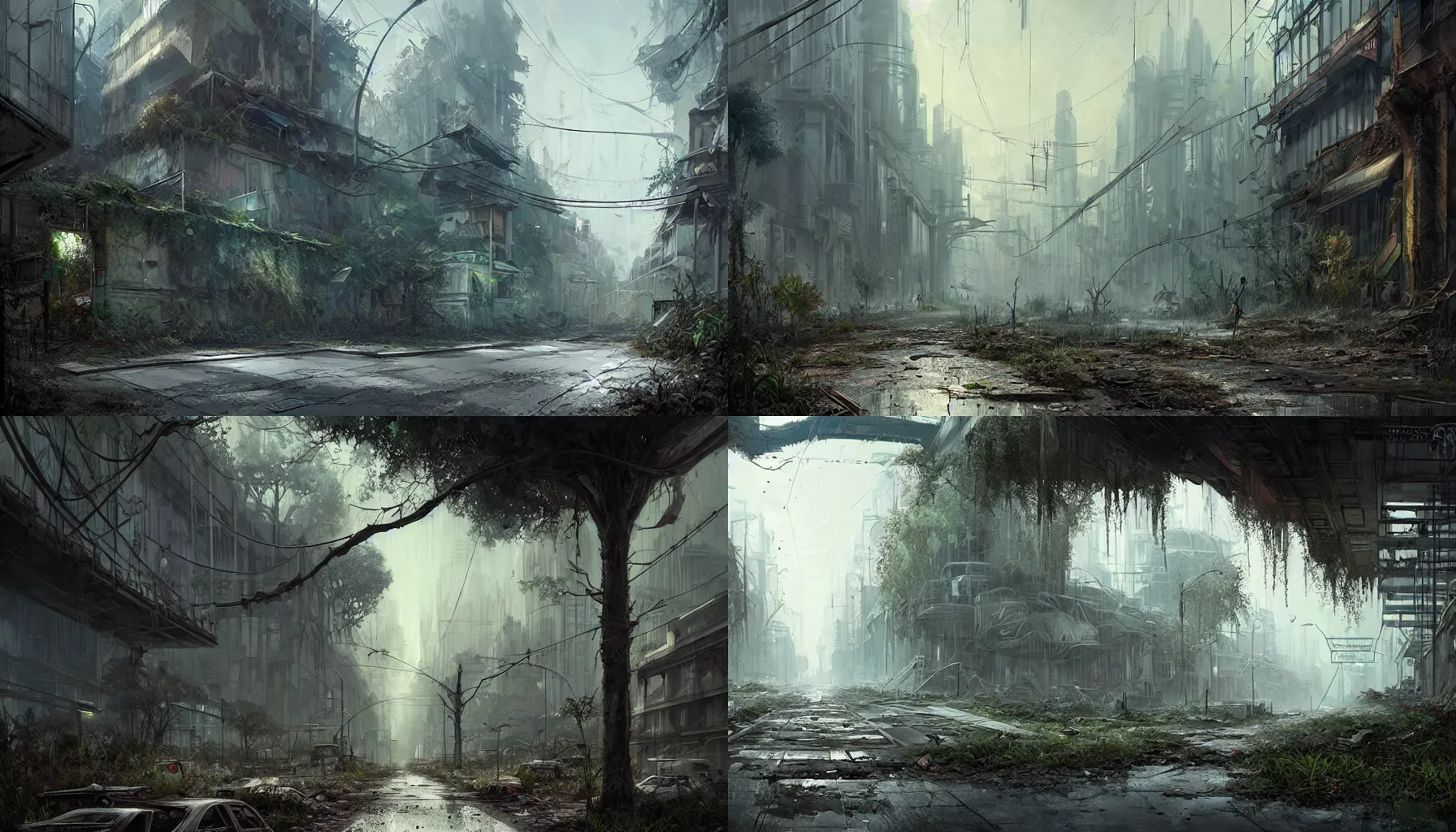 Prompt: concept art of an abandoned ruined big city street overgrown with nature by eddie mendoza, hyper realistic, atmospheric, detailed, matte, godrays
