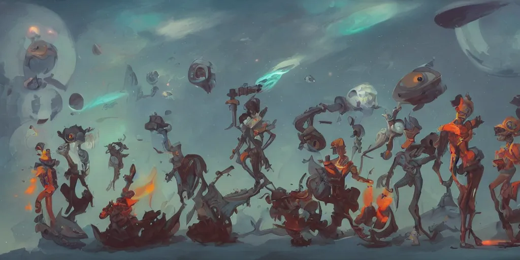 Image similar to Character concept art of a group of quirky outcast that are a crew on a small spaceship by Peter Mohrbacher