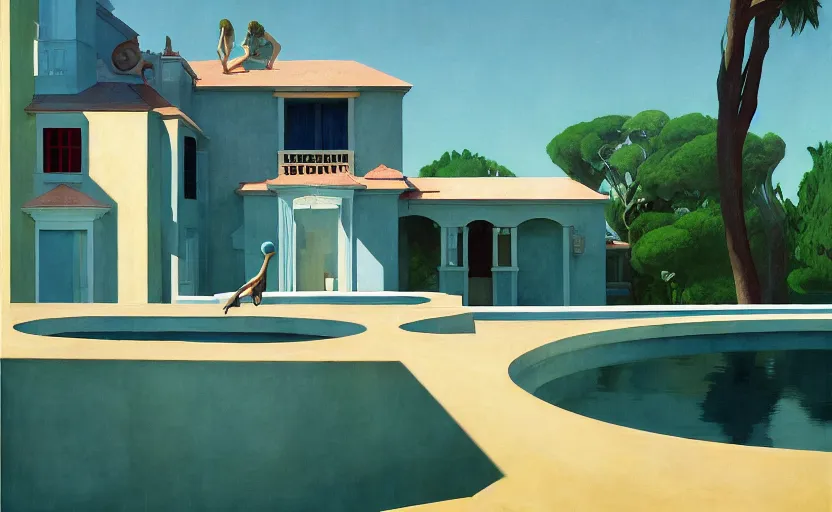 Image similar to A villa with a big pool, very coherent, painted by Edward Hopper, Wayne Barlowe, painted by James Gilleard, airbrush, art by JamesJean