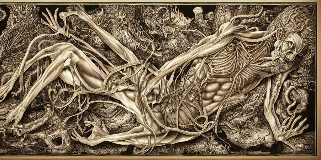 Prompt: highly detailed labeled medical anatomy poster of a eldritch god, poster paper with notes, well - lit, ray tracing, detailed, mechanism, forbidden - knowledge, intricate details, gold and silver ink, by kentaro miura, marco bucci