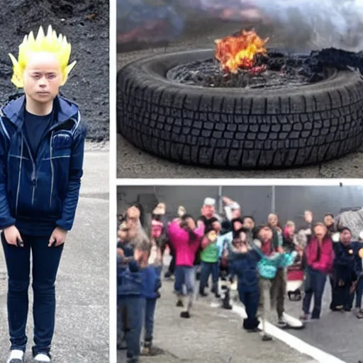 Image similar to Greta Thunberg becoming super Saiyan 4 over a flaming garbage and tire mountain 8k