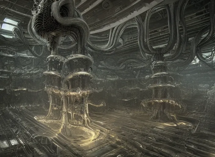 Prompt: an organic xenomorphic alien queen hive in a massive warehouse, twisting organic tendrils, haze, highly detailed hyper real retro interior high ceilings, retro futuristic, volumetric interior lighting, artstation, unreal engine render 8 k by giger, beksinski, greg rutkowski