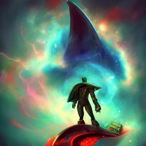 Image similar to armored sorcerer surfing on a nebula, rich epic dynamic artwork