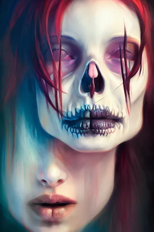Prompt: attractive portrait skull girl by petros afshar, hyper real, leng jun and singer sargent