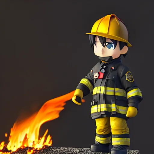 Image similar to dirty heroic firefighter in action as nendoroid in black and yellow uniform, with fire flames and ruined building in background, sharp details, sharp focus, anime, disney, pixar, 8 k, hd, dof, kodak film, volumetric lighting, subsurface scattering, photorealistic, octane render, details