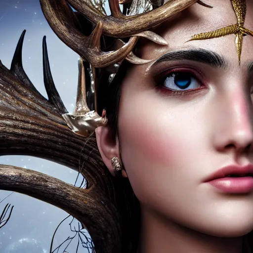 Image similar to highly detailed close up portrait of Artemis, goddess of the hunt and the moon, wearing a crown made of antlers, cinematic lightning, bright colors, intricate, masterpiece, photorealistic, hiperrealistic, sharp focus, high contrast, Artstation HQ, DeviantArt trending, 4k UHD, Unreal Engine 5