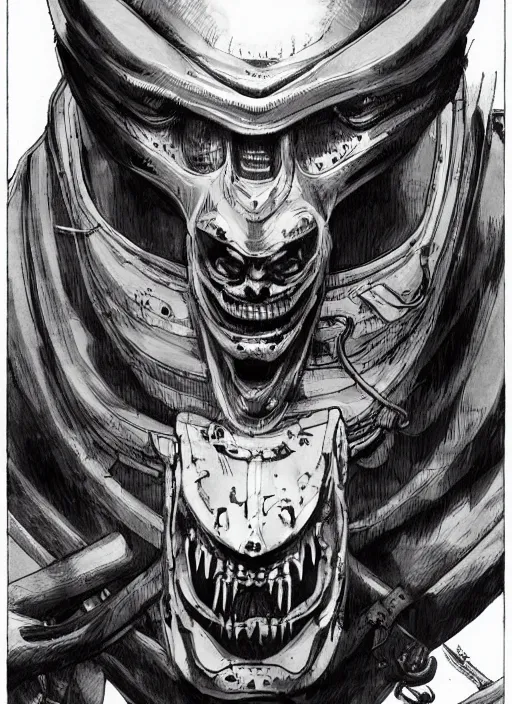 Prompt: a samurai with an extremely scary alien head, by takehiko inoue and kim jung gi and hiroya oku, masterpiece illustration, ultrarealistic, perfect face and anatomy, golden ratio