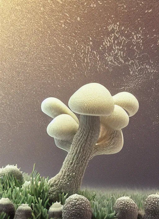 Image similar to mycelium growing into a mushroom, 3 d render in octane, glossy, fractals, beautiful lighting, fog, depth, under water, ernst haeckel