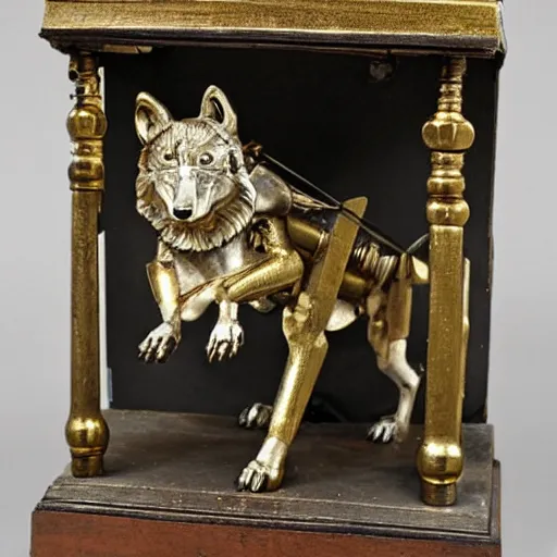 Image similar to 19th century mechanical automata depicting a wolf in a workshop, gold and silver