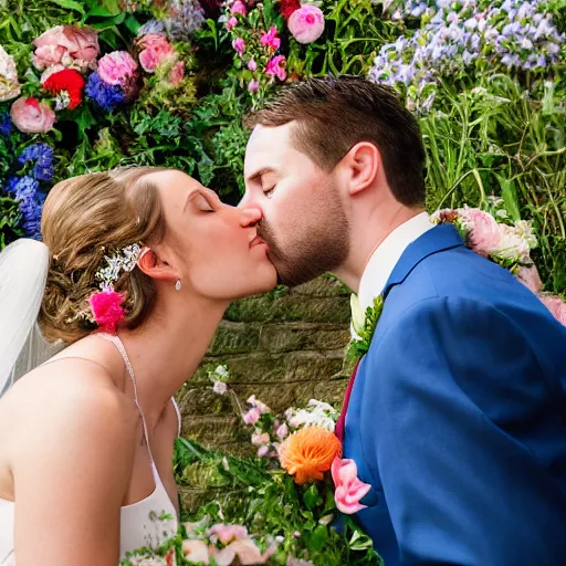 Image similar to the groom kisses the bride at a wedding full of flowers, bright and happy, art, highly detail, 4 k realistic, wedding photo, louise dahl - wolfe, andrea kowch, sophie anderson, lilia alvarado