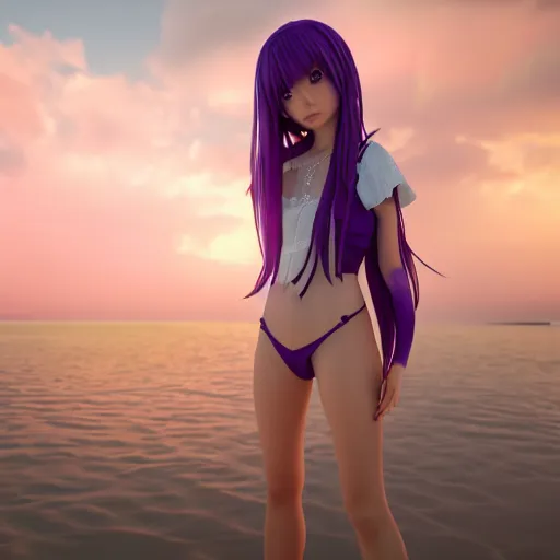 Prompt: petite girl render as a very beautiful 3d anime girl, full body, slim, long braided purple hair, purple eyes, full round face, short smile, golden hour, serene beach setting, cinematic lightning, medium shot, mid-shot, highly detailed, trending on Artstation, Unreal Engine 4k, cinematic wallpaper