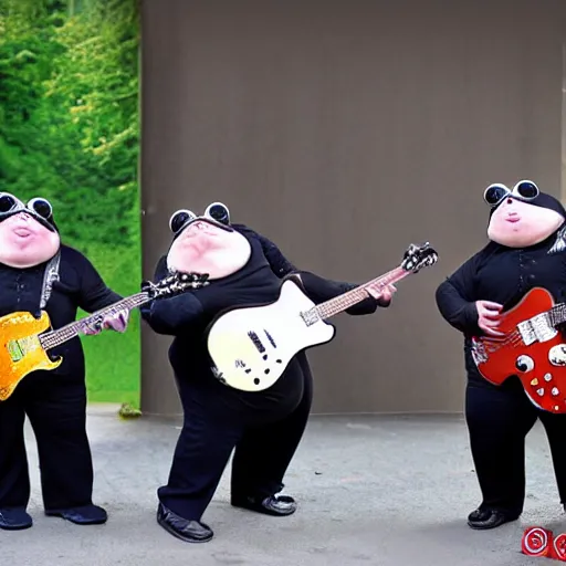 Prompt: 3 fat obese frogs playing in a band, high-definition photograph