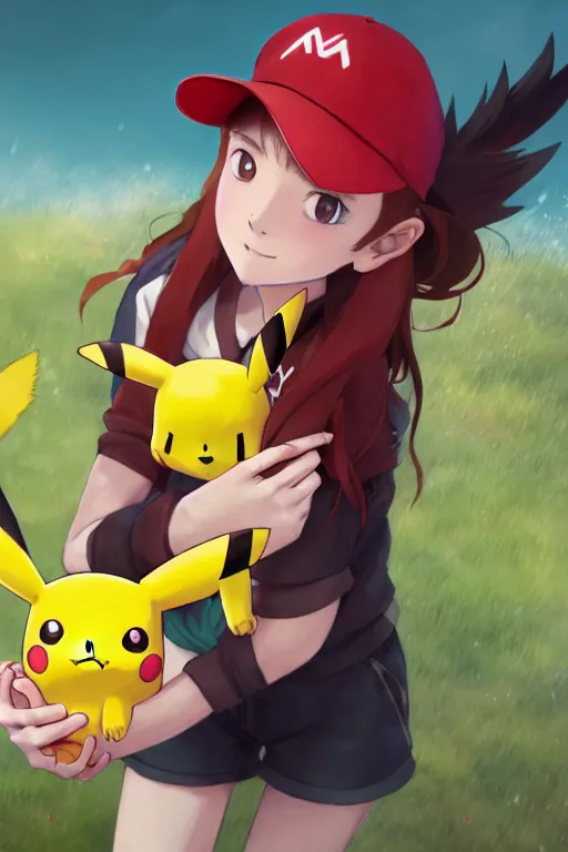 portrait of cute pokemon trainer girl with vibrant red, Stable Diffusion