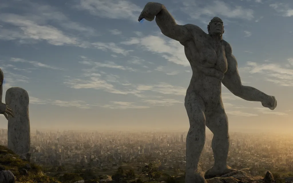 Prompt: the stone giant over the big city on the horizon. beautiful, realistic, 4K