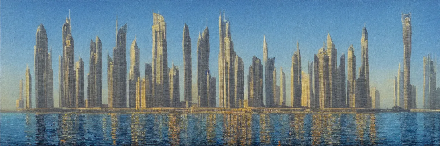 Prompt: dubai cityscape oil painting magritte