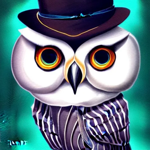 Image similar to Cute portrait of an adorable owl dressed as a magician:: symmetrical face, symmetrical eyes:: in the style of charlie bowater, Disney art:: oil painting::