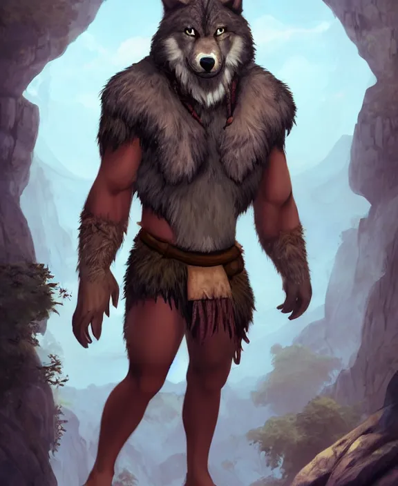 Image similar to burly tough character feature portrait of the anthro male anthropomorphic wolf fursona animal person wearing tribal primitive caveman loincloth outfit belt standing in the entrance to the cave, center framed character design stylized by charlie bowater, ross tran, artgerm, makoto shinkai, detailed, soft lighting, rendered in octane