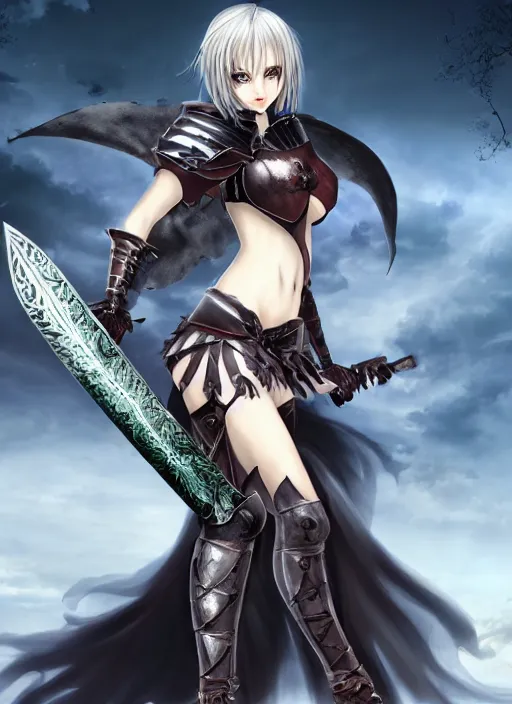 Image similar to full - body portrait, female vampire knight holding a large greatsword, lean, muscular, bat wings, roman gladiator sandals, historical heavy plate armor, metal mask, enchanting, elegant, seductive smile, ghostblade, wlop, modern fantasy, realistic proportions, modest clothing.