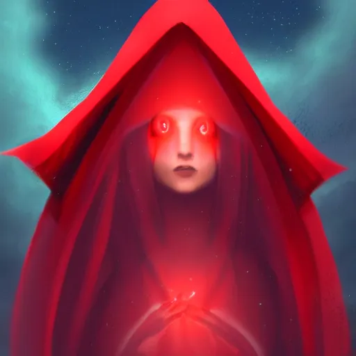 Image similar to a red cloaked being with a face of the stars sits looking at the camera, the scenery is beautiful and eerie, artstation, artistic, stylized