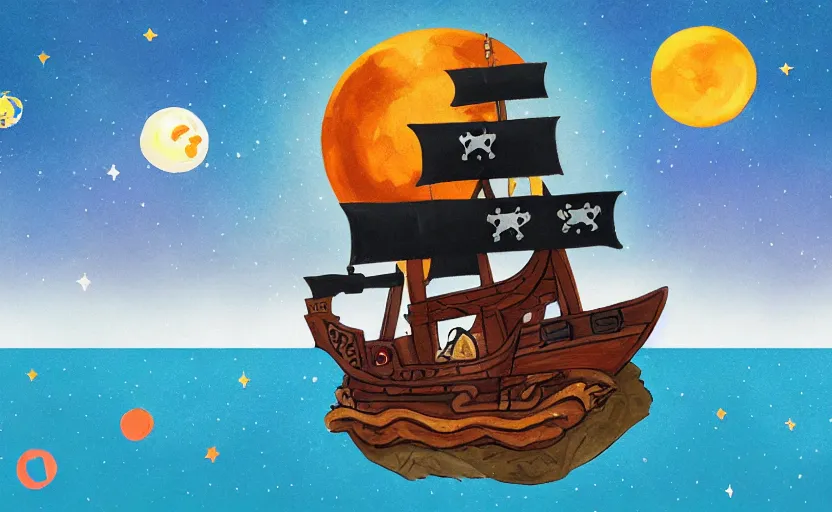 Image similar to pirate ship in space, storybook, gouache, flat, concept art, lush, pixel art