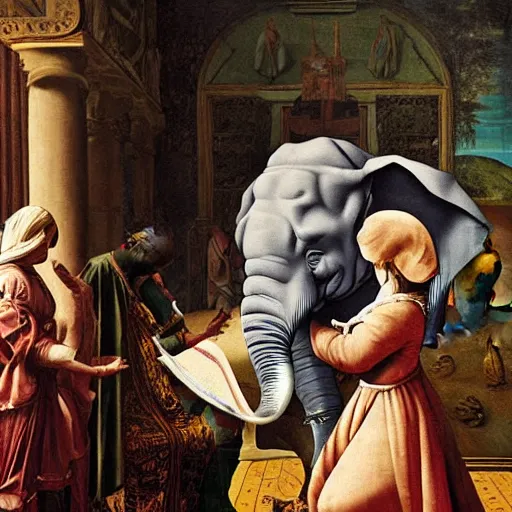 Prompt: elephant in the room, renaissance painting