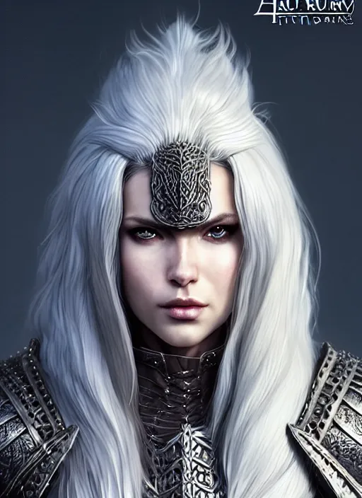 Image similar to fur leather armor!!! long wild white hair!! covered chest!!! fantasy, d & d, intricate ornate details, symmetry, concept art, sharp focus, illustration, art by artgerm! greg rutkowski magali villeneuve wlop! ilya kuvshinov!!, octane render, unreal engine 5, highly rendered!!