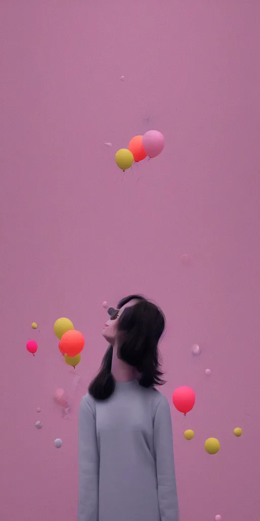 Prompt: 3d matte render, Hsiao-Ron Cheng, balloons, pastel colors, hyper-realism, pastel, polkadots, minimal, simplistic, amazing composition, woman, vaporwave, wow, Gertrude Abercrombie, Beeple, minimalistic graffiti masterpiece, minimalism, 3d abstract render overlayed, black background, psychedelic therapy, trending on ArtStation, ink splatters, pen lines, incredible detail, creative, positive energy, happy, unique, negative space, pure imagination painted by artgerm