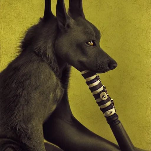 Image similar to Anubis playing a recorder, in the style of Lee Jeffries