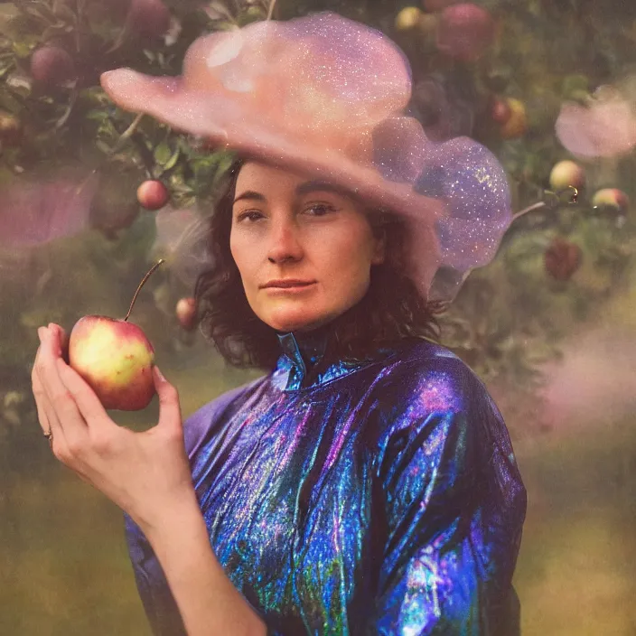 Prompt: a closeup portrait of a woman wearing an iridescent spacesuit, picking apples from a tree, foggy, moody, photograph, by vincent desiderio, canon eos c 3 0 0, ƒ 1. 8, 3 5 mm, 8 k, medium - format print