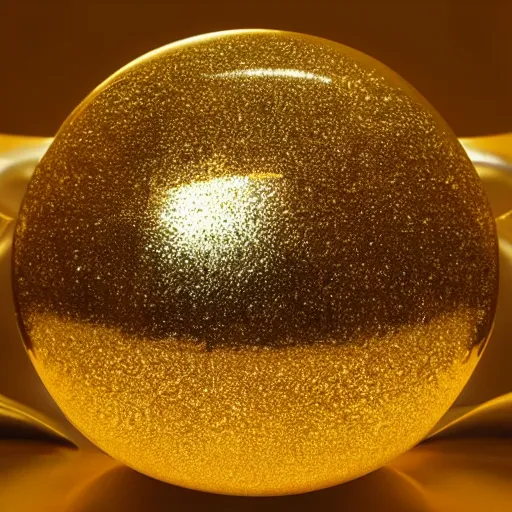 Prompt: shiny reflective gold sphere laying on a table, high detail, complex
