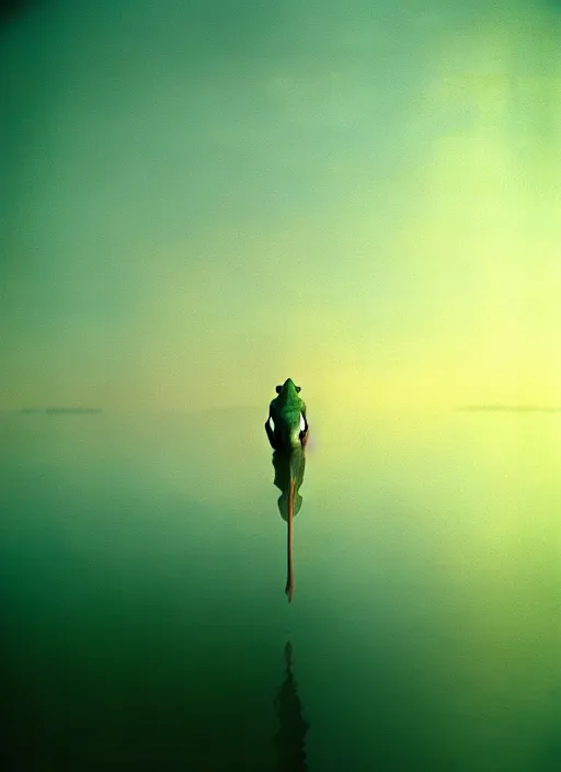 Image similar to sad, lonely frog vertically hovering above misty lake waters in jesus christ pose, low angle shot, long cinematic shot by Andrei Tarkovsky, paranormal, eerie, mystical